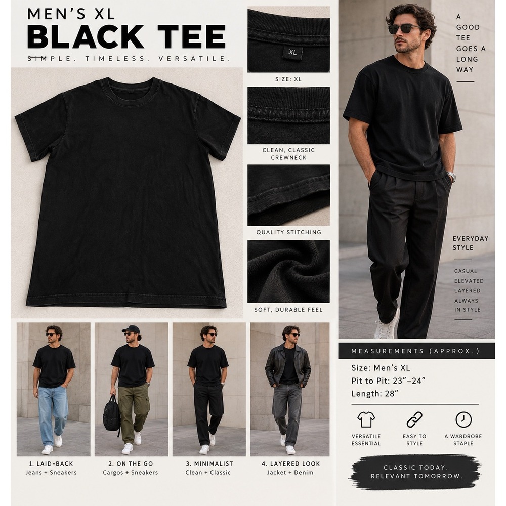 Men XL Black Heavyweight T Shirt Boxy Crewneck Short Sleeve Minimalist Tee